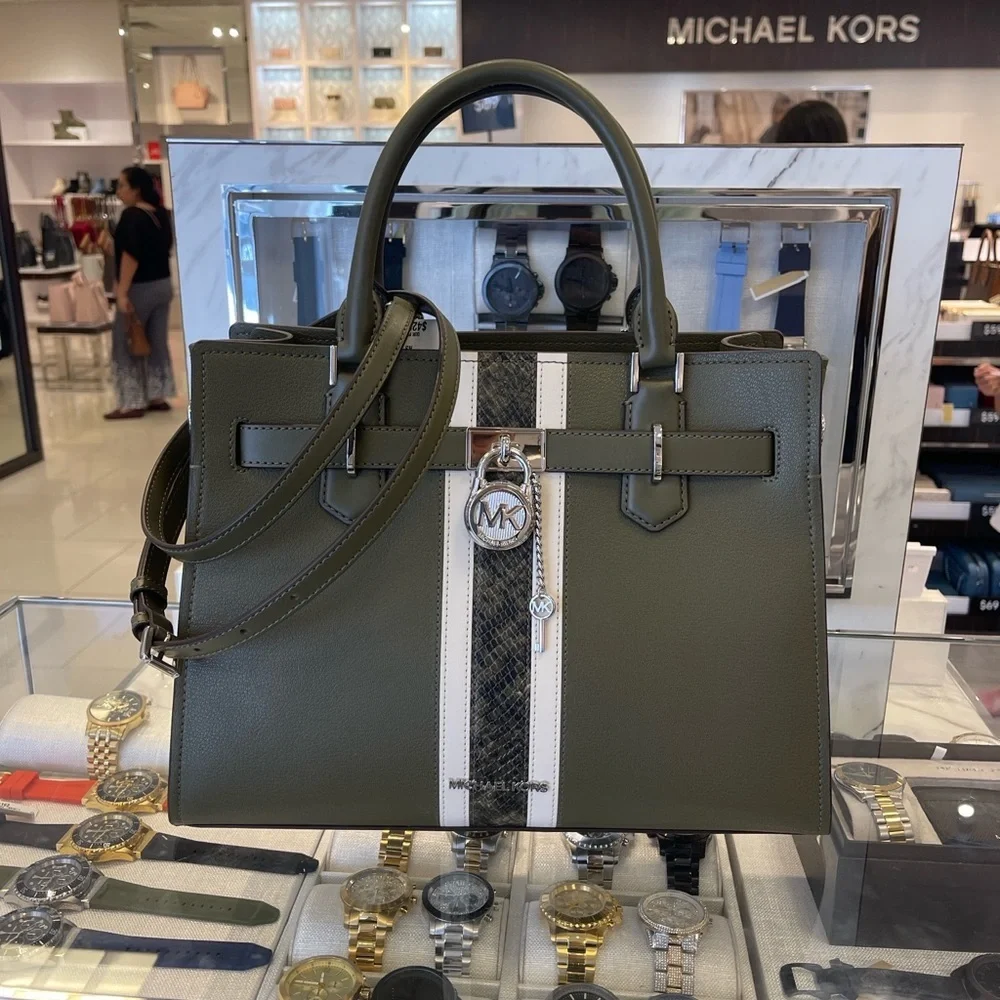 MICHAEL KORS Hamilton Med Leather and Snake Embossed Stripe Satchel Olive  NWT